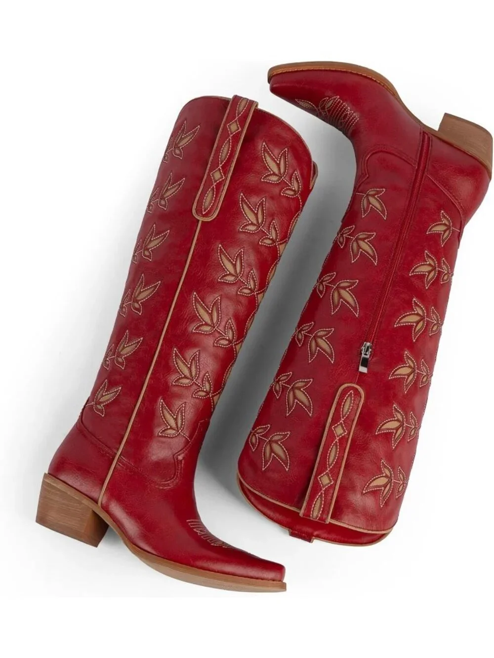 Women's Red 1 Knee High Cowgirl Boots Pointed Toe Slip On Chunky Heel